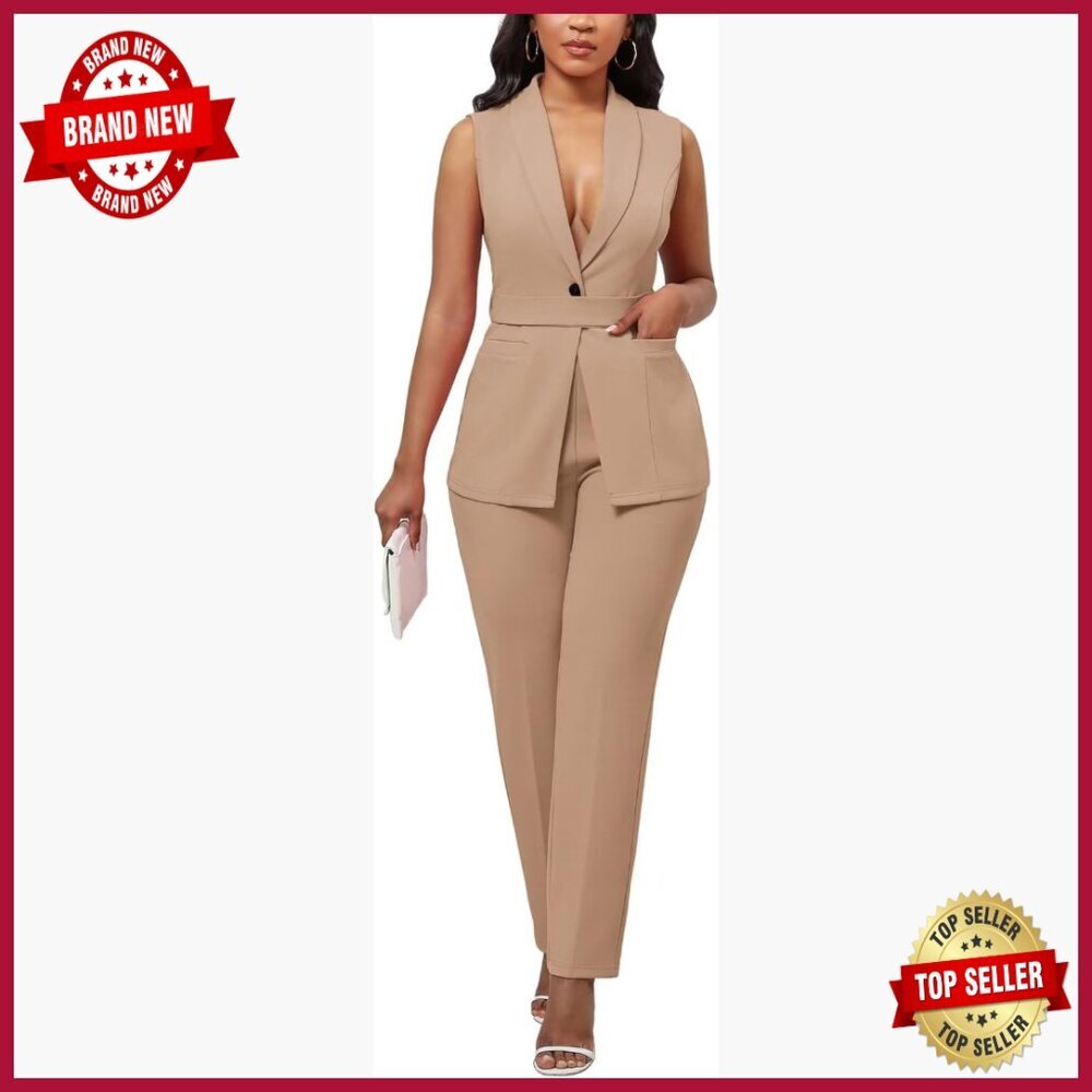 Sleeveless Vest Blazer Pantsuit Set 2 Piece Business Casual Outfit